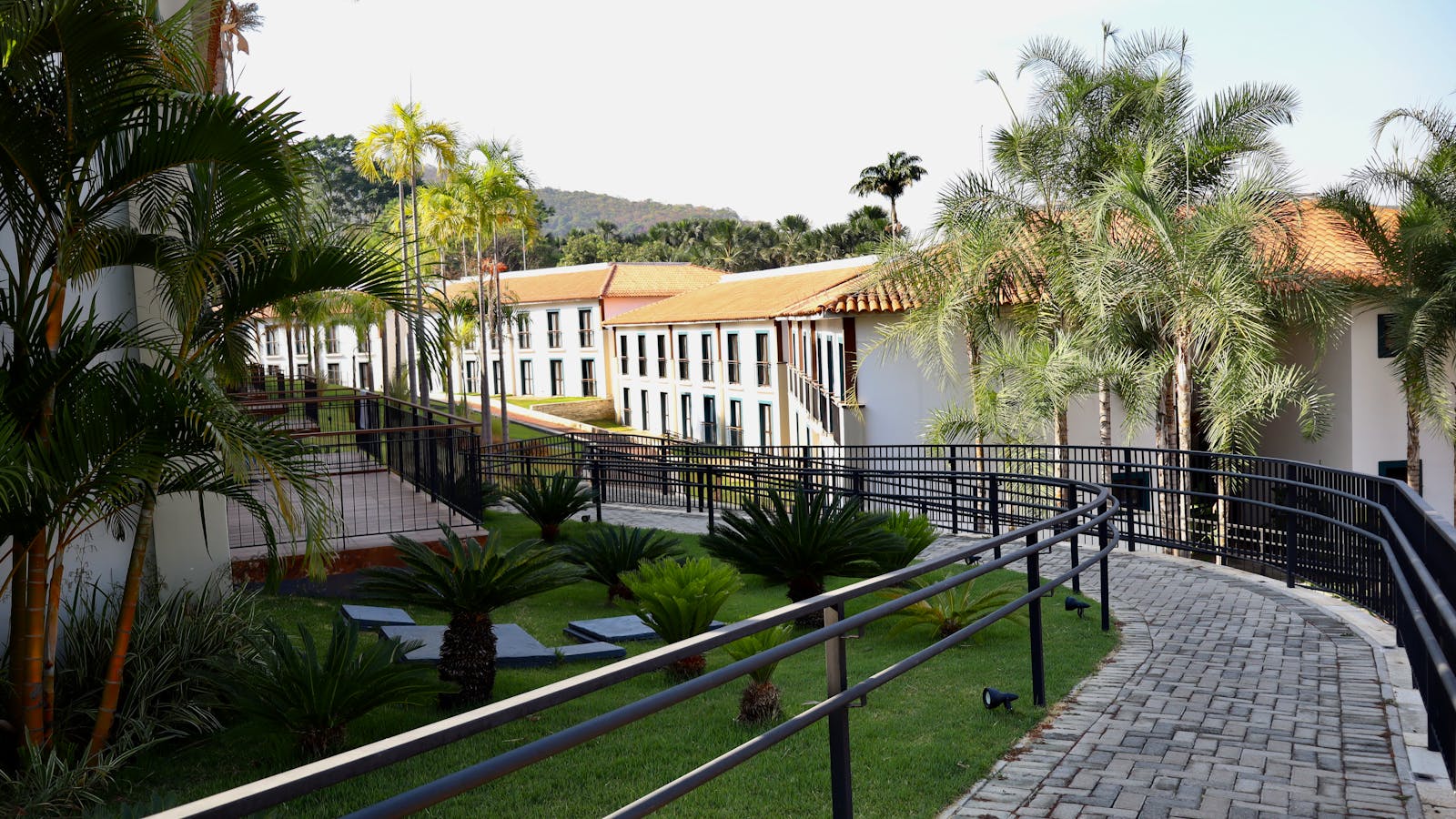Modern resort exterior surrounded by greenery